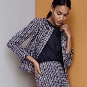 Ann Taylor Fringe Tweed Jacket Blazer Blue Button Up